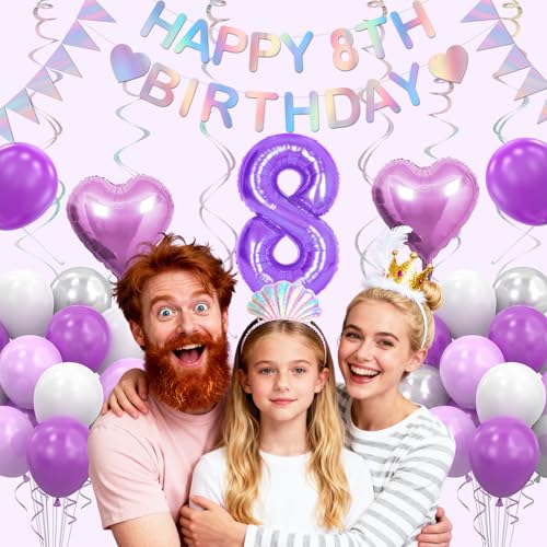 8th Birthday Decorations for Girls - Purple Silver Party Set