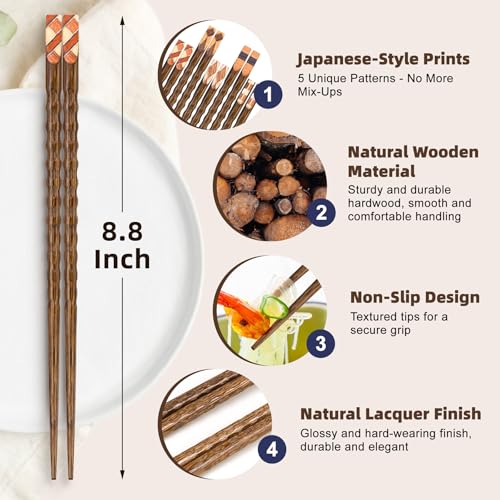 Antner Natural Wood Geometric Pattern Reusable Japanese Chopsticks Set – 8.8 Inch, Dishwasher Safe