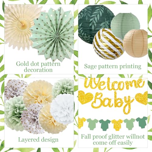 Sage Green Baby Shower Decorations Kit - Banner, Lanterns & Pom Poms