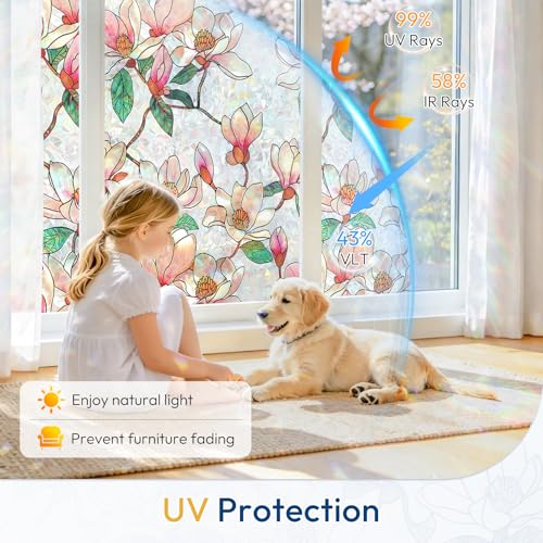 rabbitgoo Magnolia Stained Glass Window Privacy Film 17.5" x 78.7" - Rainbow Light Effect
