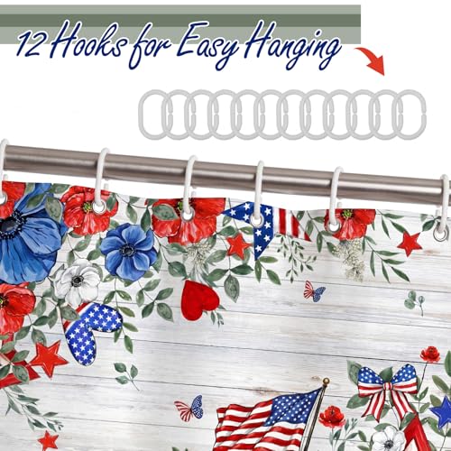 4th of July Shower Curtain - Patriotic American Flag Decor, 72 x 71 Inch with Hooks