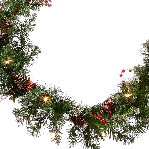 Pre-Lit Artificial Christmas Garland 9 Feet Glittery Mountain Spruce with Pine Cones & Berry Clusters - Indoor Outdoor Decor