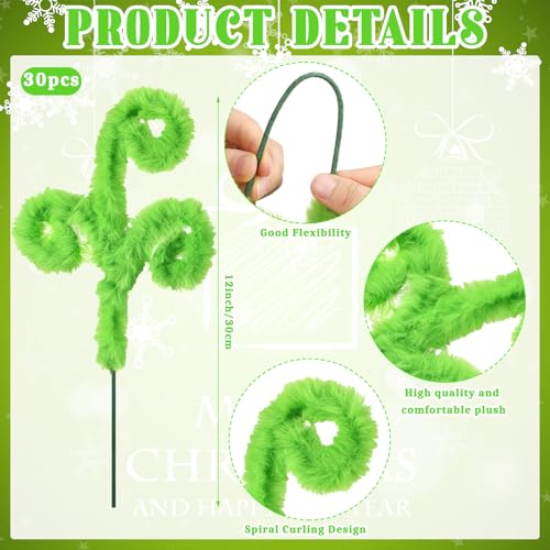 30 Pcs Christmas Tree Topper Picks - 12 Inch Green Furry Spiral Decorations - Festive Holiday Decor