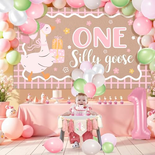 One Silly Goose 1st Birthday Backdrop - 6.1 x 3.6 ft Pink Polyester Banner