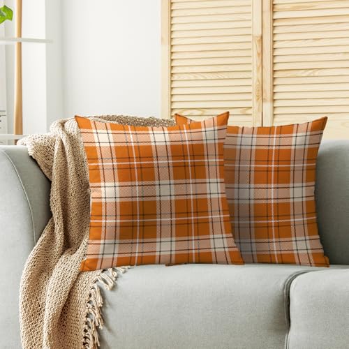 Fall Plaid Pillow Covers 18x18, Set of 2 Burnt Orange Cream Cotton Linen
