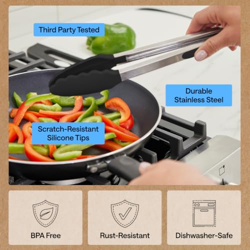 Gorilla Grip Stainless Steel Kitchen Tongs Set 7/9/12 Inch with Silicone Edges, Black