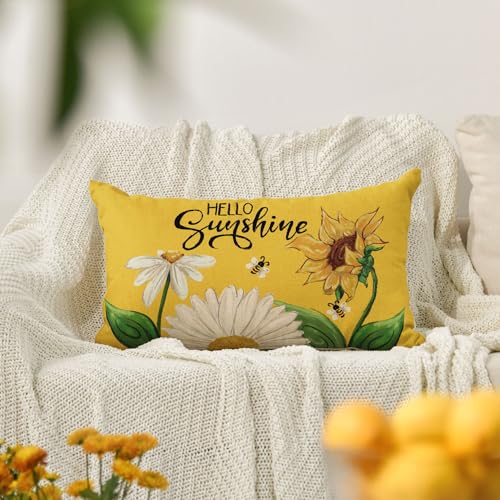 Hello Sunshine Daisy Sunflower Throw Pillow Cover - 12x20 Inch