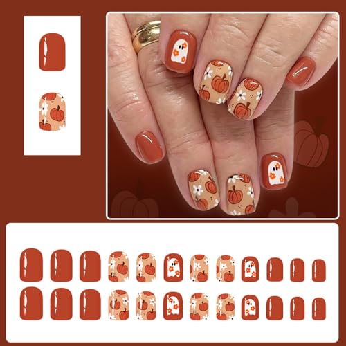 Tyemp Halloween Short Square Press On Nails Pumpkin Ghost False Acrylic Nails