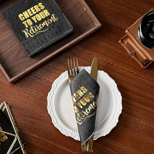 25-Count Retirement Cocktail Napkins - 3-Ply Black Gold Foil