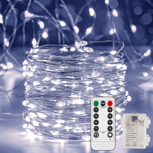 White Outdoor Battery-Operated String Lights with Remote & Timer - 16.4 Ft Waterproof Fairy Lights for Garden, Party, Wedding