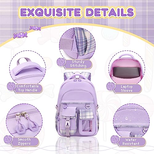 Kawaii Girls School Backpack with Luggage Strap - Purple, Lightweight