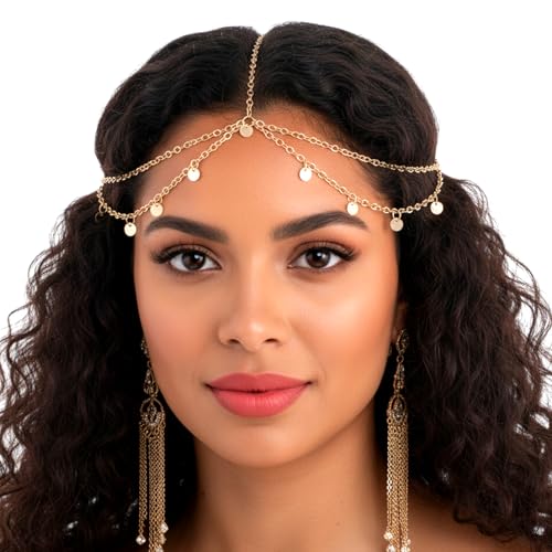 Bremorou Gold Sequin Boho Head Chain Hair Jewelry for Women Festival