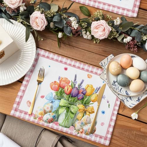 TINALIN Easter Placemats Set of 6 Spring Floral Tulips Cotton Linen
