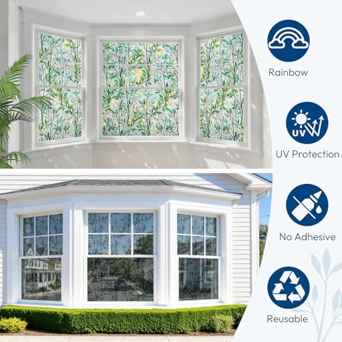 rabbitgoo Rainbow Window Privacy Film - Iridescent Green Foliage, 17.5" x 78.7" - UV Protection & Heat Control
