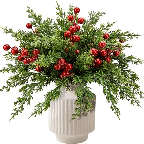 60 Pcs Artificial Christmas Pine Branches with Red Berries - Faux Holiday Decor