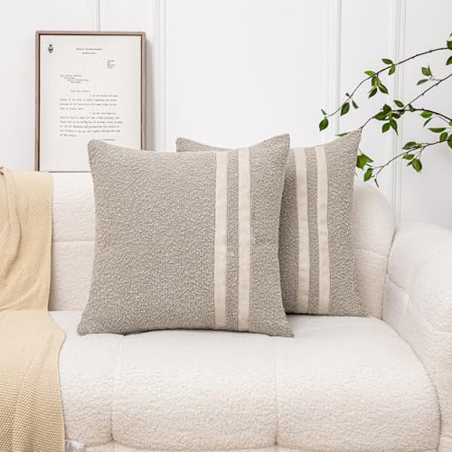 Vfuty 18x18 Oatmeal Boucle Throw Pillow Covers Set of 2 with Leather Accent