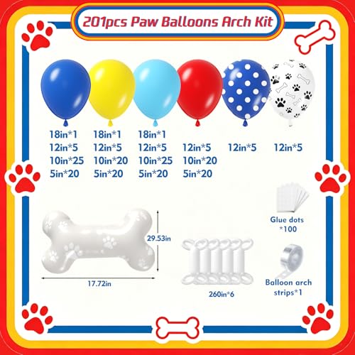 201-Piece Paw Balloon Garland Arch Kit - Royal Blue, Yellow & Red