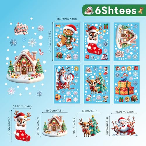 Christmas Window Stickers 6 Sheets 173pcs Reusable Static Clings Santa Gingerbread Snowflakes