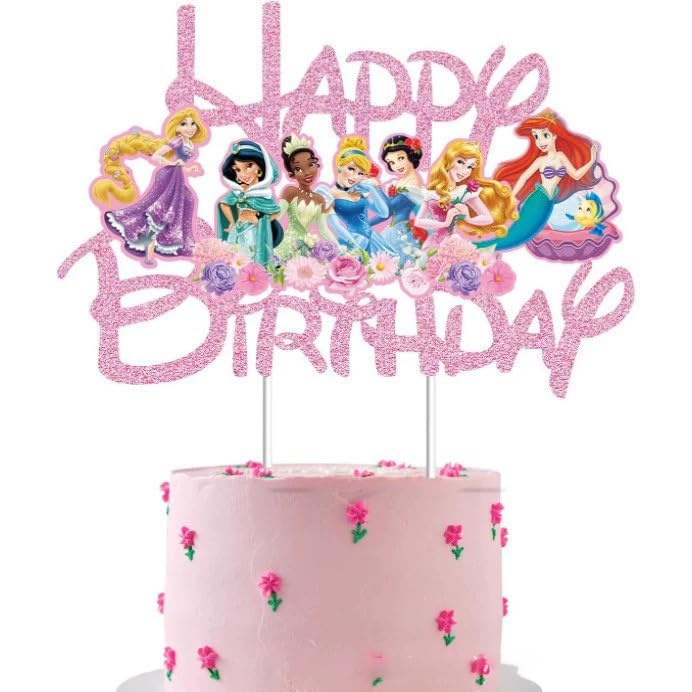 Princess Happy Birthday Cake Topper (P2) - Pink Glitter Party Decoration