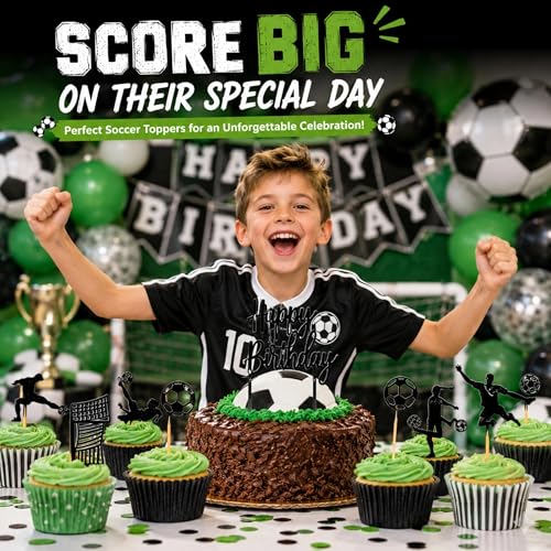 Soccer Cupcake Toppers - 12 Pcs Black Glitter Birthday Party Decor