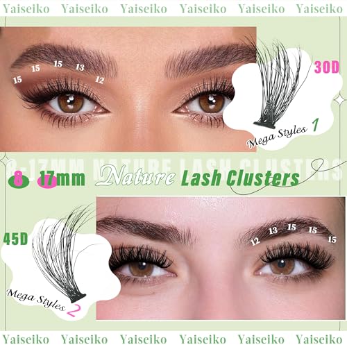 Yaiseiko DIY Lash Extension Kit - Natural 30+45D Individual Clusters, Bond, Seal & Tweezers (8-17mm)