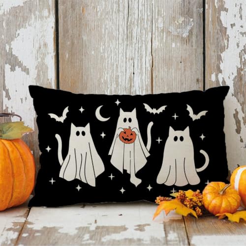 PANDICORN Halloween Throw Pillow Cover 12x20 Cute Ghost Cat - Black