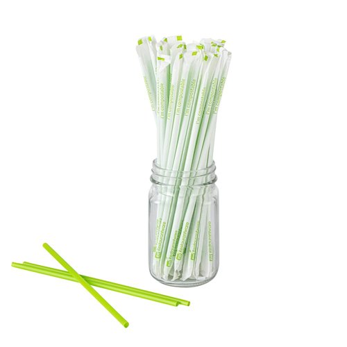 Restaurantware-Basic Nature 8.3 Inch Disposable Straws, 2000 Sustainable Straws - Wrapped, Won't Alter Flavors, Green PLA/PBAT Straw, For Hot And Cold Drinks