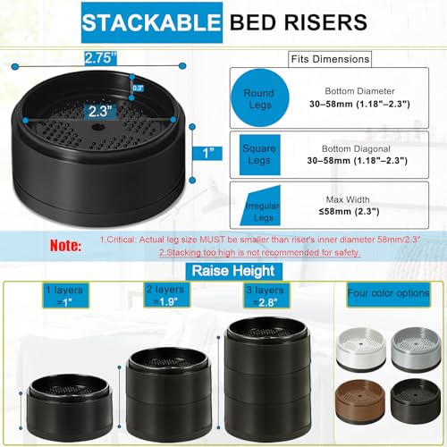Heavy Duty Adjustable Bed Risers - 1 to 4 Inch Stackable Furniture Blocks (4 Pack, Black)