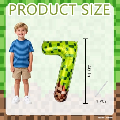 Koxdii 40" Giant Green Pixel Miner Number 7 Foil Balloon for Video Game Party