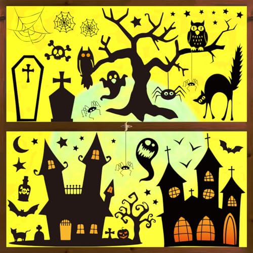 45 PCS Halloween Window Cling Stickers - Castle & Tree Decor for Parties