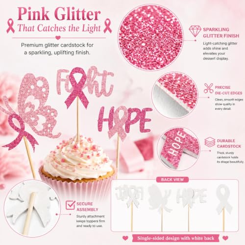 Pink Ribbon Breast Cancer Awareness Cupcake Toppers - 12 Pcs