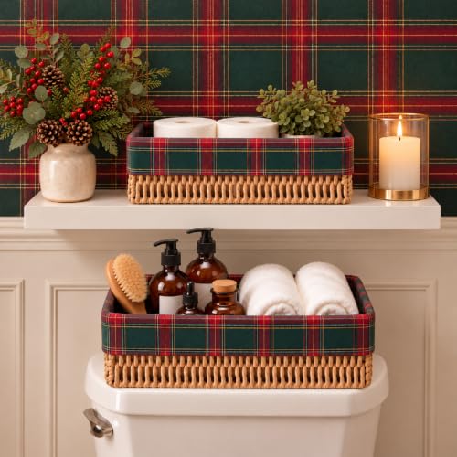 2 Pcs Christmas Toilet Paper Storage Baskets - Green Buffalo Plaid, Scottish Tartan