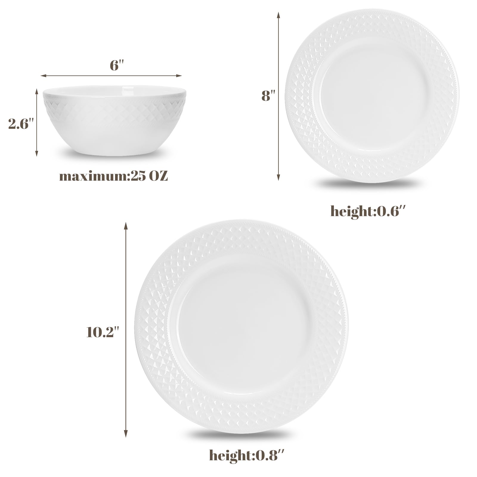 QUANSHANGJU 18-Piece Bone China Dinnerware Set for 6, White Porcelain Plates and Bowls with Textured Design, Lightweight Microwave Dishwasher Safe for Family Dining