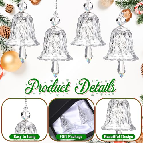 Clear Crystal Christmas Bell Ornaments - Set of 4 Glittering Glass Decorations