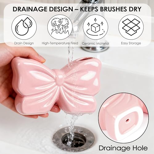 Pink Bow Ceramic Toothbrush Holder - Cute Bathroom Counter Organizer