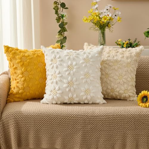 White Sunflower Pillow Covers - 18x18 inch Set of 2 - Cream