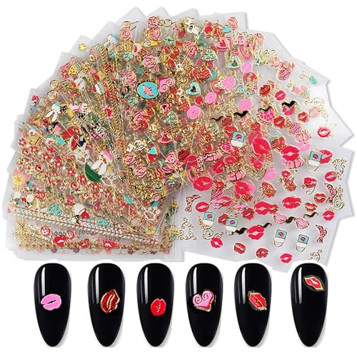 Valentine's Day Nail Art Stickers 3D Heart & Lip Decals - 30 Sheets
