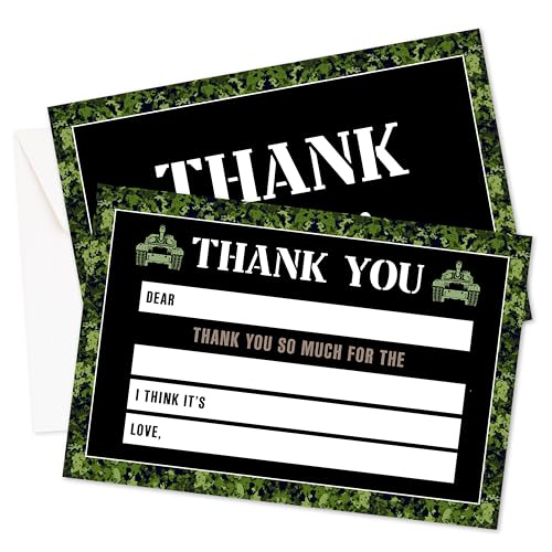 Military Camo Thank You Cards with Envelopes, 20 Pcs Army Party Notes