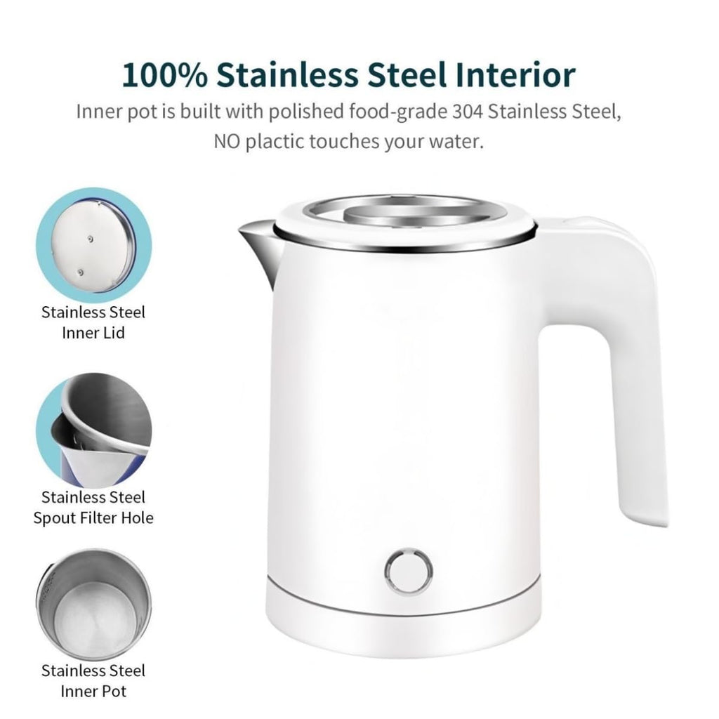 Small Electric Kettles Stainless Steel for Boiling Water, 0.6L Travel Mini Hot Water Boiler Heater, Double Wall Cool Touch Portable Kettle (White)