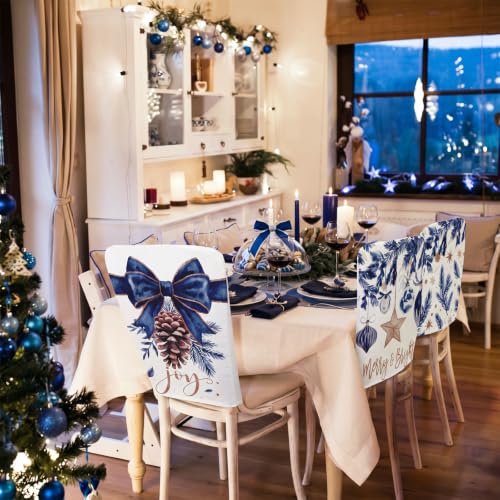 Blue Christmas Chair Cover Set for Dining Room and Kitchen - 6 Pieces
