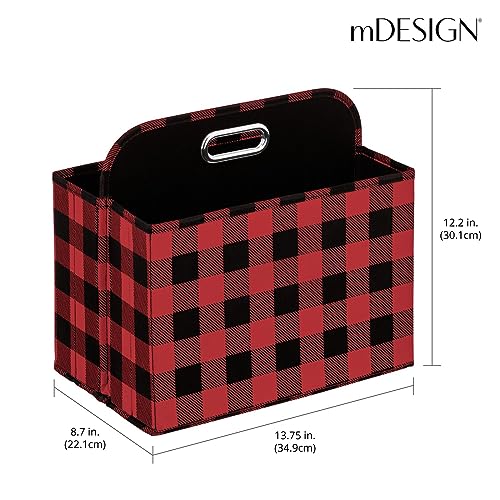 mDesign Holiday Storage Box for Gift Wrapping and Bows with Compartments and Handle - Christmas Organizer Tote for Ribbons - Divided Container for Crafts and Stationary - Buffalo Plaid, Red/Black