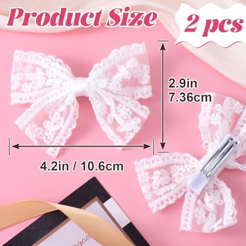 White Lace Hair Bow Clips - 2Pcs Small Mesh Bowknot Barrettes for Women