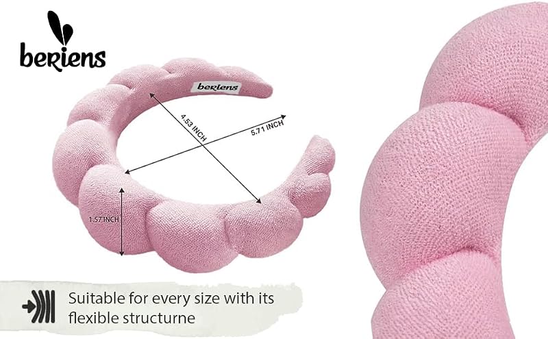 BERIENS Puffy Spa Headband - Soft Plush Pink Skincare & Makeup Hair Band