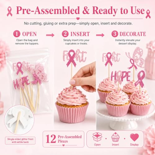 Pink Ribbon Breast Cancer Awareness Cupcake Toppers - 12 Pcs