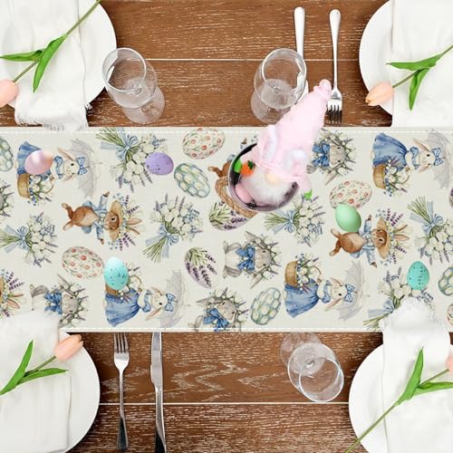 Easter Table Runner 13x72 Inch - Rabbit & Flower Design for Spring Decor