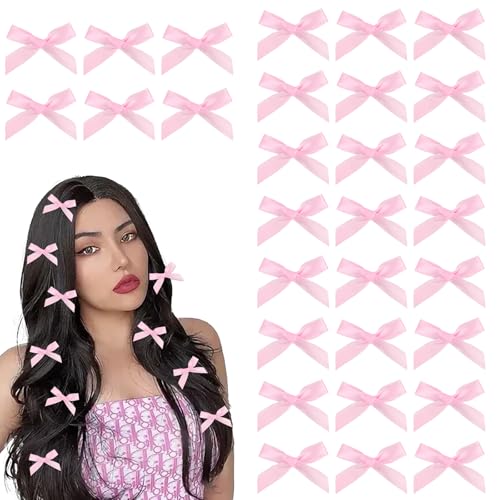 CAVETEE Pink Satin Hair Bow Clips 30-Piece Mini Ribbon Barrettes