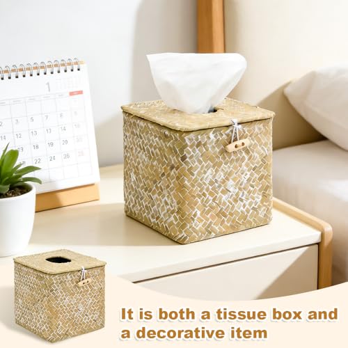 JBESUHI Square Whitewash Seagrass Tissue Box Cover - Rustic Woven Holder