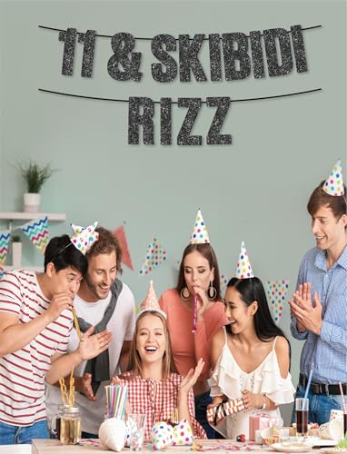 Skibidi Rizz 11th Birthday Black Glitter Banner Gen Z Party Supplies