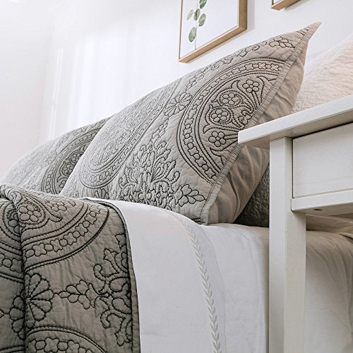 King Pillow Sham - 100% Cotton Medallion Embroidered, Gray, 20'' x 36''