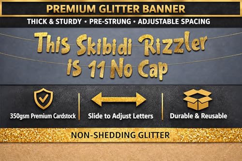 Skibidi Rizzler Gold Glitter 11th Birthday Banner - Pre-Strung Party Decor